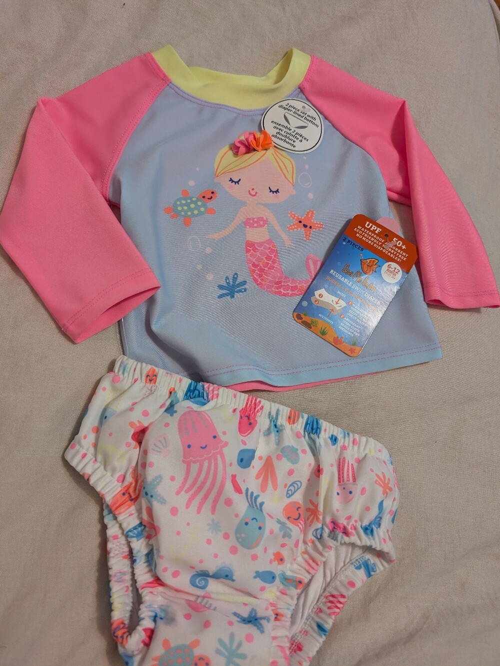 NWT Sea Me Swim Kids Pink Mermaid Rash Guard Swim Top And Layer Set 6-12 M